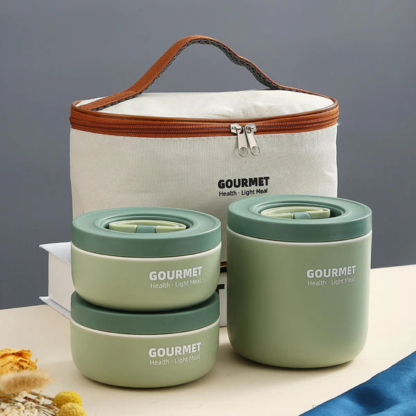 3 Piece Green Gourmet Stainless Steel Lunch Box With Bag - Image 2